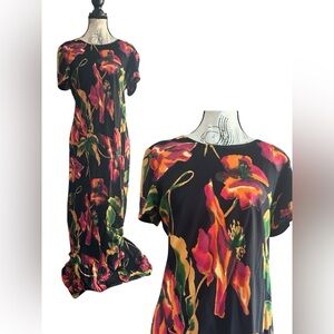 90s Floral Maxi Dress Carole Little USA Bold Art Print Rayon Y2K 10 Medium Beach